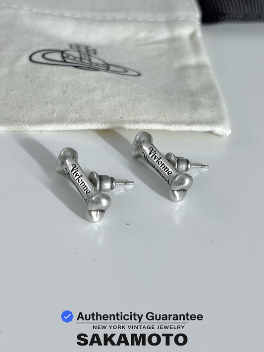 Vivienne Westwood 1990s Bone Stud Earrings Silver Tone Logo Vintage