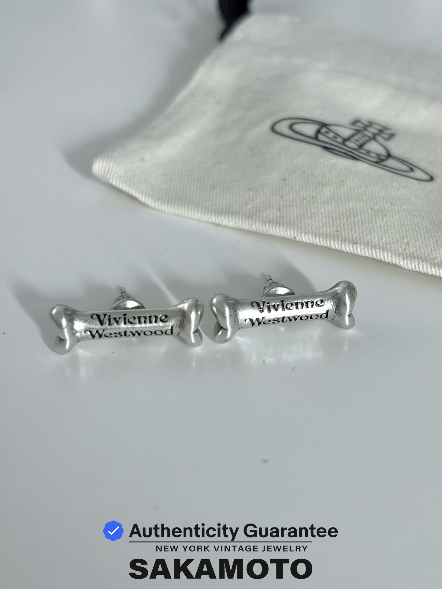 Vivienne Westwood 1990s Bone Stud Earrings Silver Tone Logo Vintage