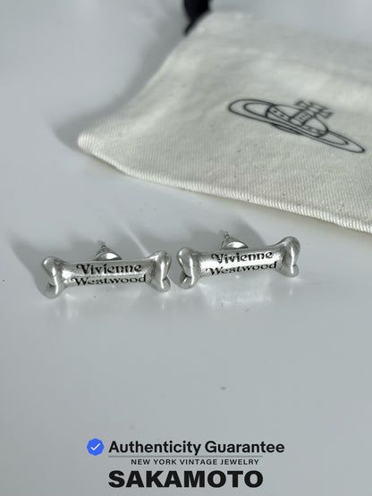 Vivienne Westwood 1990s Bone Stud Earrings Silver Tone Logo Vintage