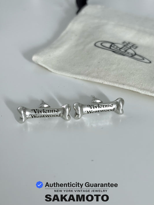 Vivienne Westwood 1990s Bone Stud Earrings Silver Tone Logo Vintage