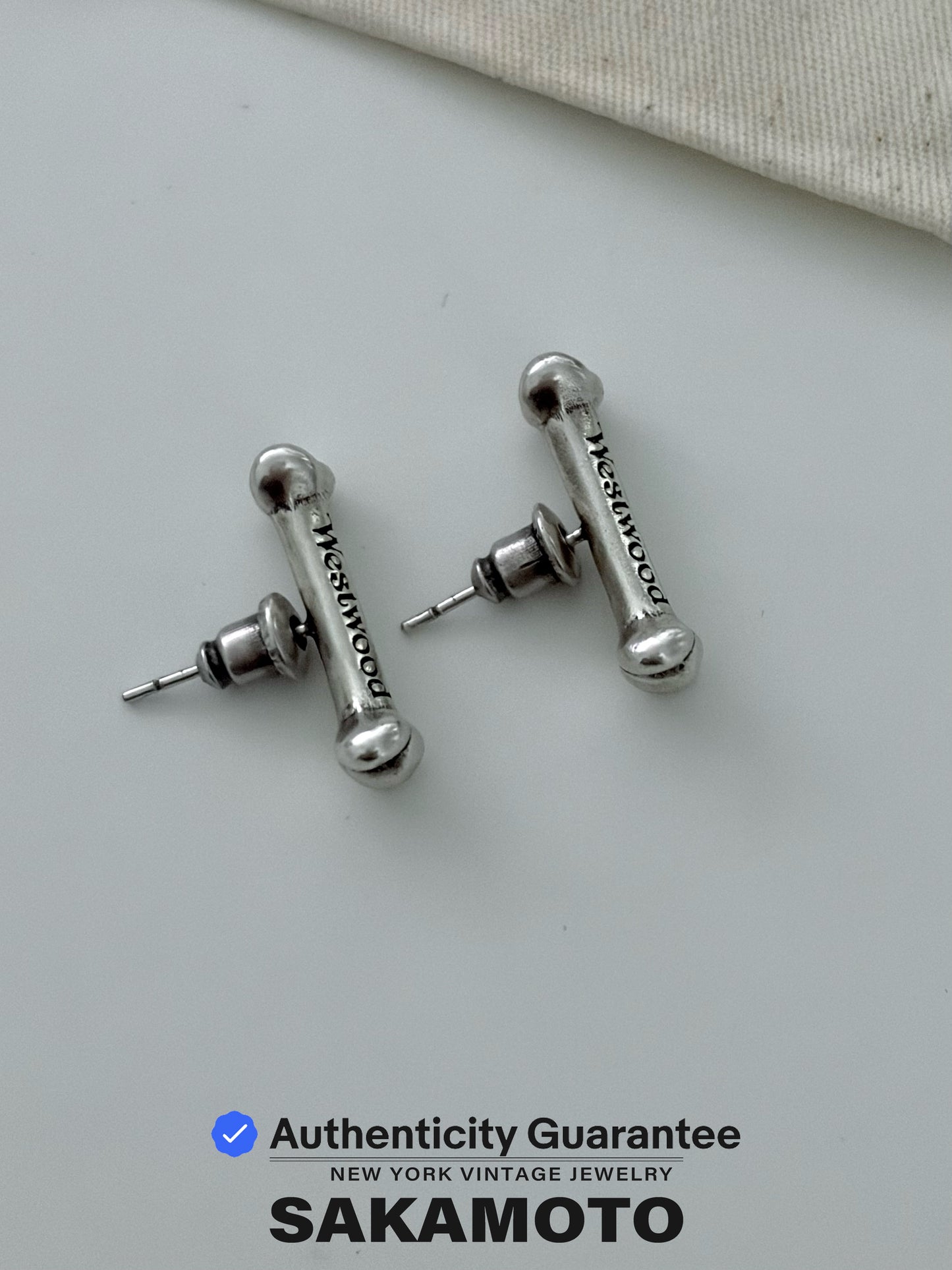 Vivienne Westwood 1990s Bone Stud Earrings Silver Tone Logo Vintage