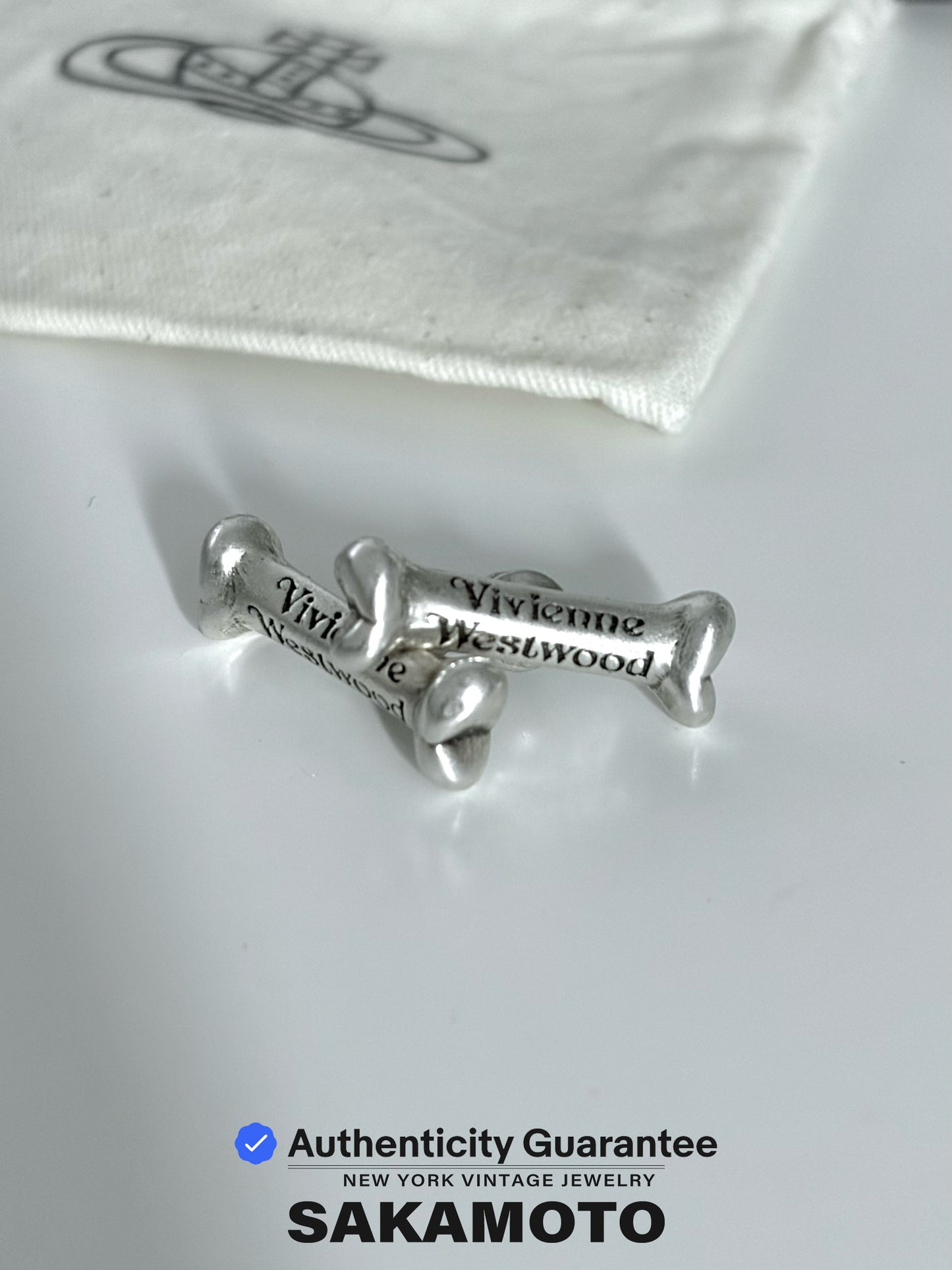 Vivienne Westwood 1990s Bone Stud Earrings Silver Tone Logo Vintage