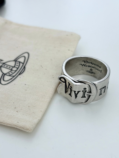 Vivienne Westwood Belt Logo Ring Silver Tone Wide Band Orb Punk US size 8