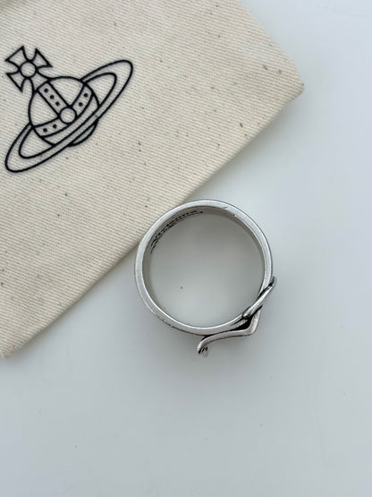 Vivienne Westwood Belt Logo Ring Silver Tone Wide Band Orb Punk US size 8
