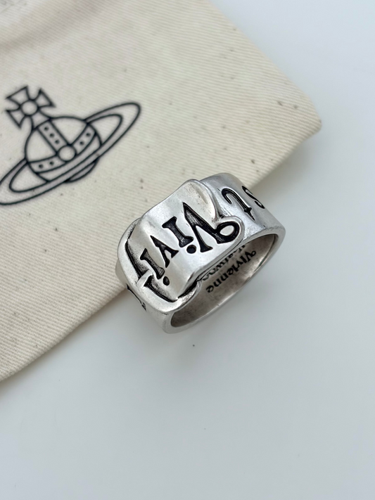 Vivienne Westwood Belt Logo Ring Silver Tone Wide Band Orb Punk US size 8