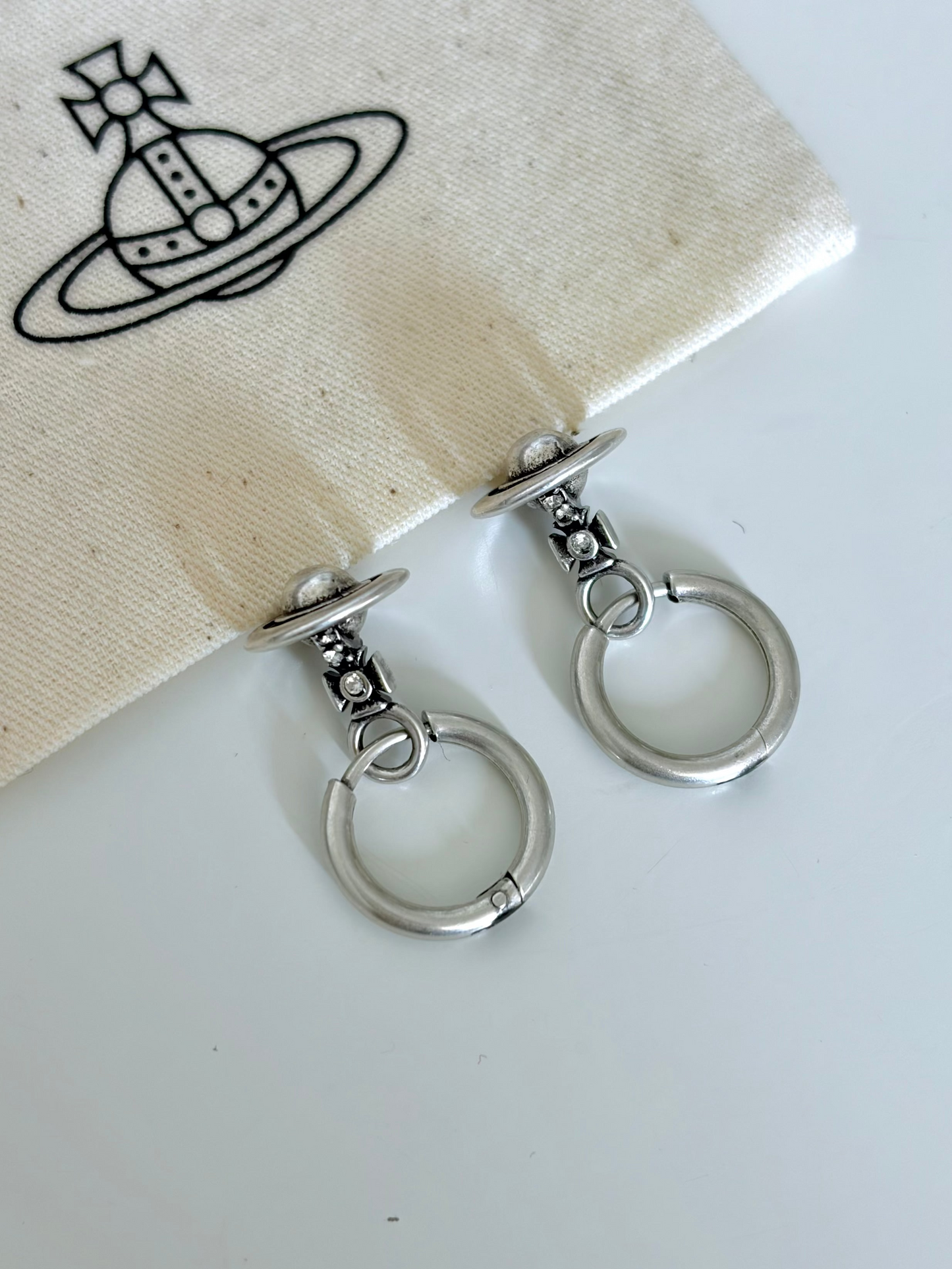Vivienne Westwood Orb Drop Hoop Earrings Silver Tone Y2K